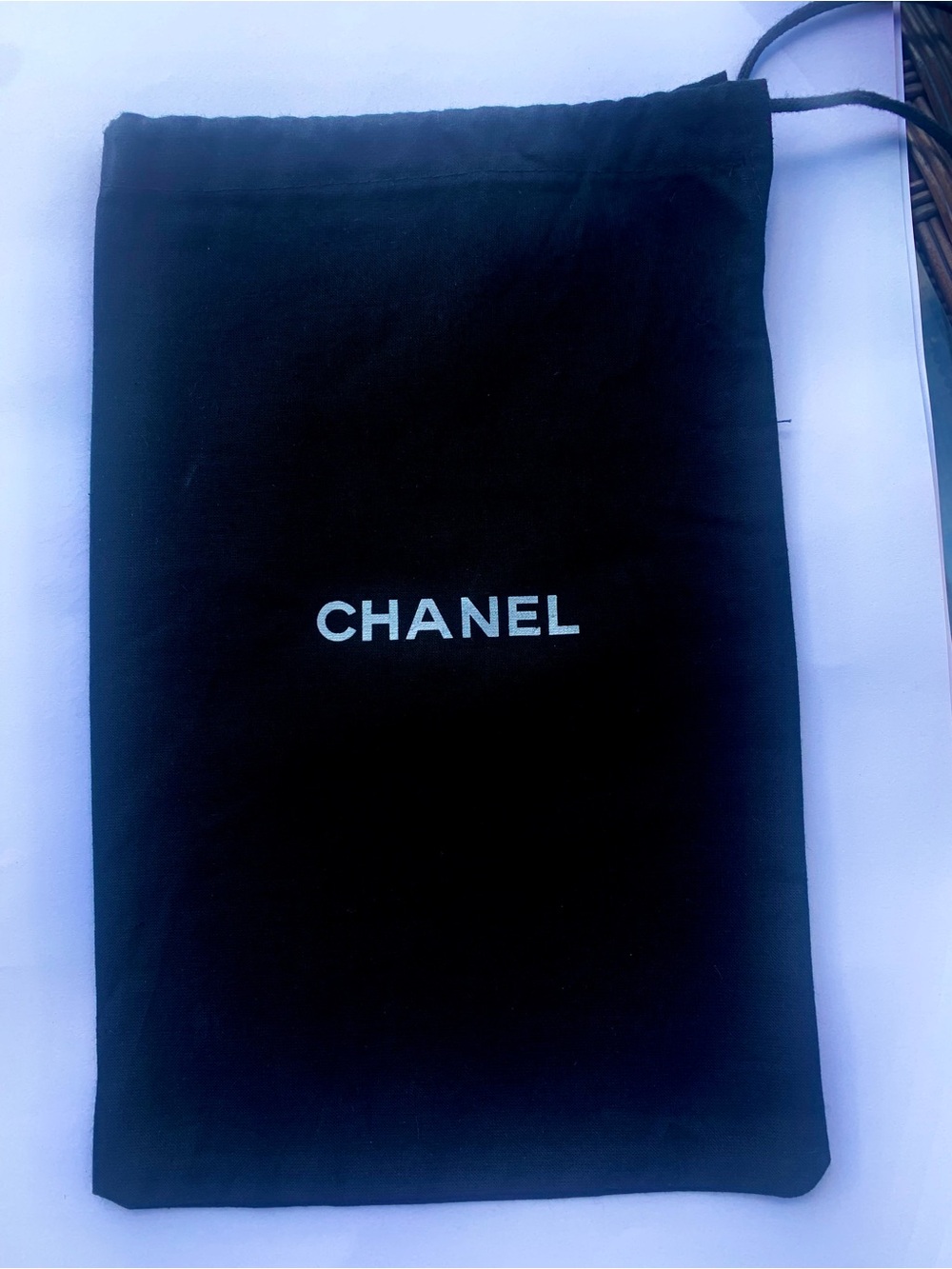 CHANEL Black Drawstring Dust Pouch with White Logo